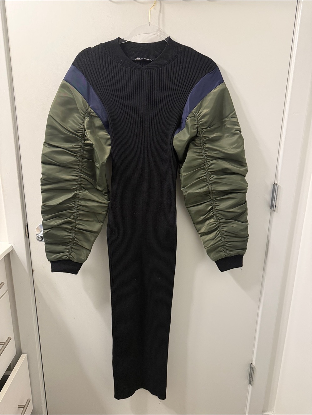 Zara Mixed Media Dress Black Ribbed Knit with Olive and Blue Puffer Sleeves Sz L